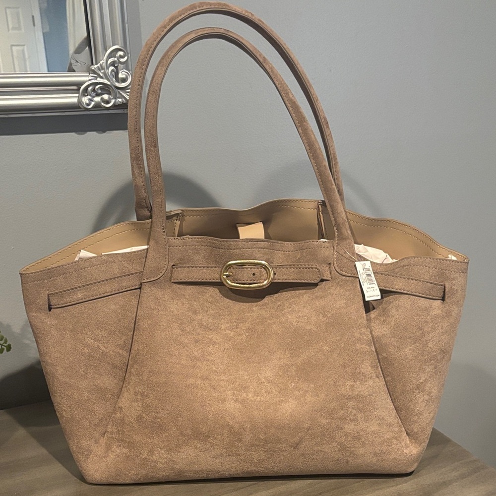 Old Navy Taupe Suede Tote with Gold Buckle